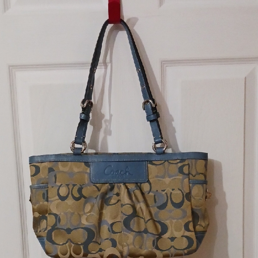 Coach Blue and Tan Shoulder Bag with Signature Monogram